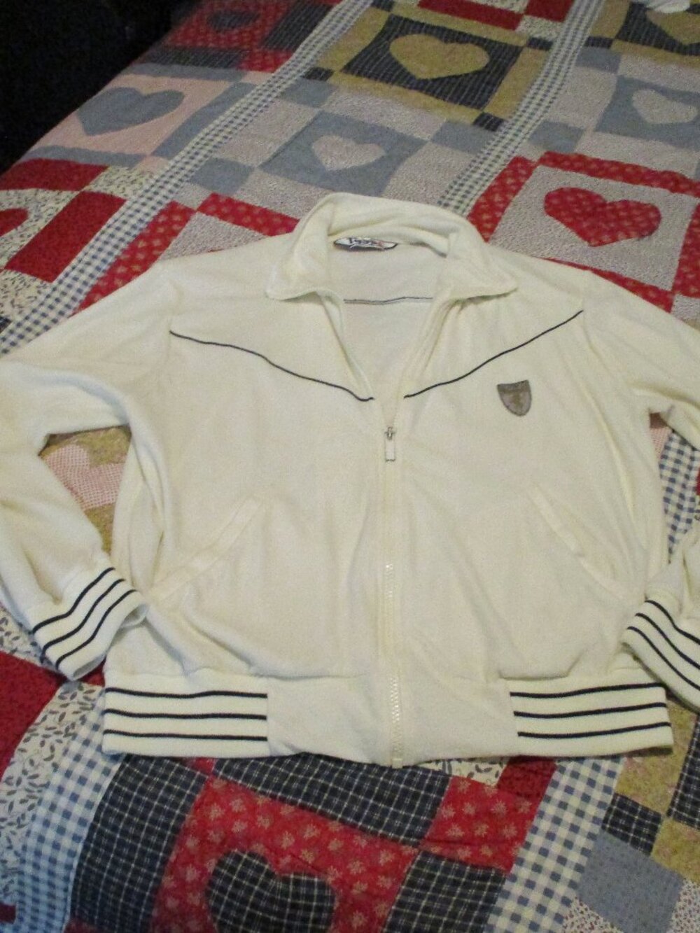 Vintage Todd1 Men's Athletic Track Velour Jacket Cream  Black Stripe Size S-M